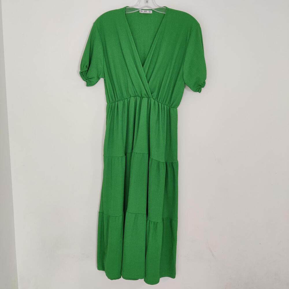 HDS Women's Tiered Maxi Dress in Green Size Large Wrap Bohemian